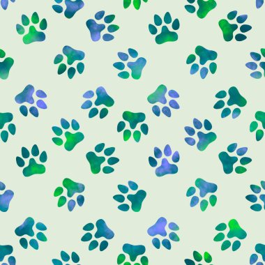 Hayvanların ayak izleri. Kağıt, kumaş, çarşaf, çocuk giysisi baskısı, şenlik ambalajları ve hayvanat bahçesi aksesuarları için kusursuz kedi ve köpek desenleri. Yüksek kaliteli illüstrasyon