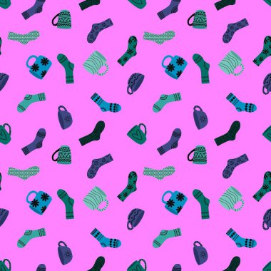 Kışın sıcak çoraplar ve bir fincan çay kağıdını, kumaşları, çarşafları, çocukların giysilerini ve yeni yıl ambalajlarını ve şenlikli aksesuarları sarmak için kusursuz bir Noel şablonu. Yüksek kaliteli illüstrasyon