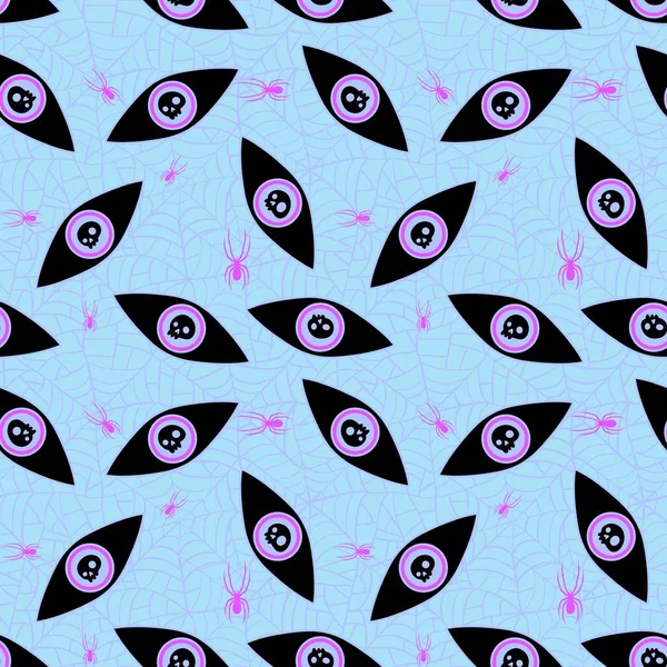 Cartoon magic evil eyes with web seamless Halloween pattern for wrapping paper and fabrics and linens and fashion textiles and festive packaging and autumn accessories. High quality illustration
