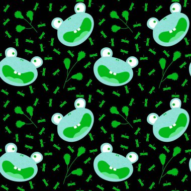 Çizgi filmlerdeki kusursuz kurbağa desenleri ambalaj kağıtları, kumaşlar, çocuk giysileri, tekstil ürünleri, yaz aksesuarları ve şenlikli ambalajlar için. Yüksek kaliteli illüstrasyon