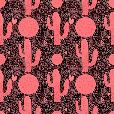 Kağıt, kumaş, çarşaf, kıyafet baskısı, yaz aksesuarları, şenlik ambalajları ve tekstil için soyut, dikişsiz kaktüs deseni. Yüksek kaliteli illüstrasyon