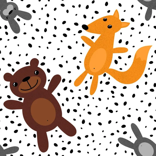 Cartoon animals seamless rabbit and bears and fox pattern for wrapping paper and fabrics and kids clothes print and fashion textiles. High quality illustration