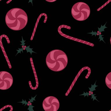 Noel şekerleri şenlikli ambalaj kağıtları, kumaşlar, çocuk kıyafetleri ve yeni yıl aksesuarları için kusursuz kış desenleri. Yüksek kaliteli illüstrasyon