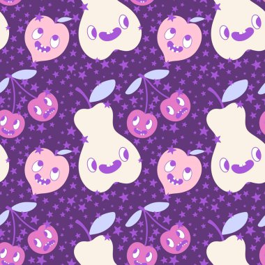 Çizgi filmdeki meyvesiz kirazlar, armutlar ve şeftali desenli ambalajlar, çocuk giysileri, tekstil ürünleri, şenlikli ambalajlar ve sonbahar aksesuarları. Yüksek kaliteli illüstrasyon