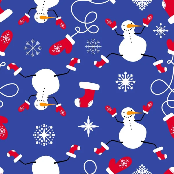Cartoon winter ice seamless snowman pattern for wrapping paper and Christmas packaging and fabrics and linens and kids print and festive accessories and new year presents. High quality illustration