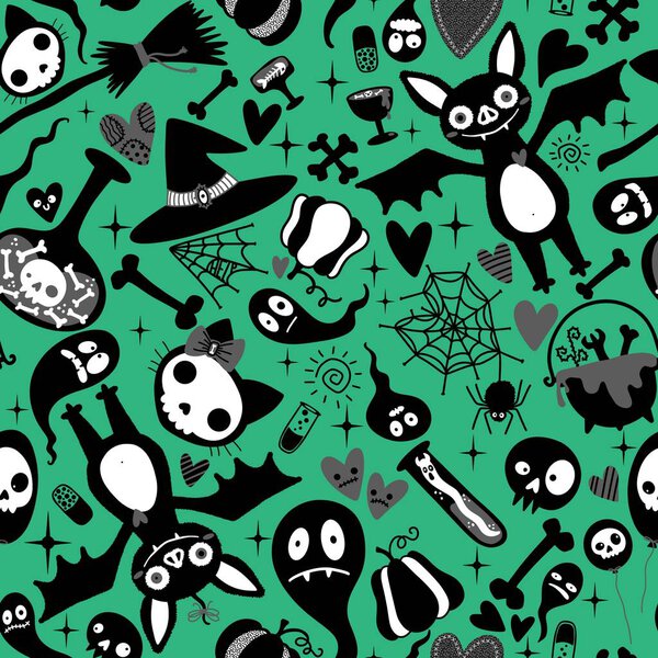 Хэллоуинские мультяшные каракули бесшовные летучая мышь и кошка и призрак и черепа узор для упаковки бумаги и тканей и постельного белья и праздничной упаковки и детские аксессуары и текстиль. Высокое качество иллюстрации