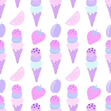 Çizgi filmlerde ambalaj kağıdı, kumaş, çarşaf, çocuk giysisi baskısı, şenlikli ambalaj ve yaz aksesuarları için kusursuz dondurma kalıbı. Yüksek kaliteli illüstrasyon