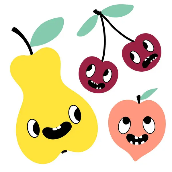 Cartoon fruit set cherry and pears and peach for wrapping paper and kids clothes print and fashion textiles and festive packaging and autumn accessories. High quality illustration