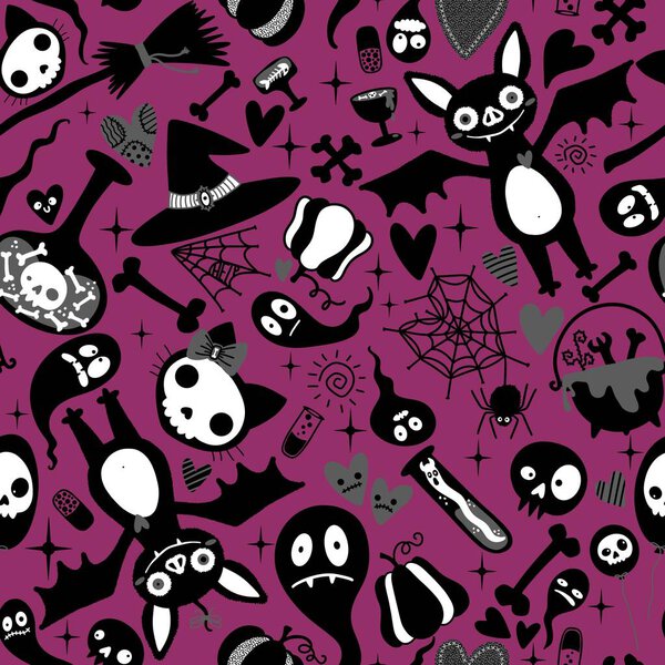 Хэллоуинские мультяшные каракули бесшовные летучая мышь и кошка и призрак и черепа узор для упаковки бумаги и тканей и постельного белья и праздничной упаковки и детские аксессуары и текстиль. Высокое качество иллюстрации