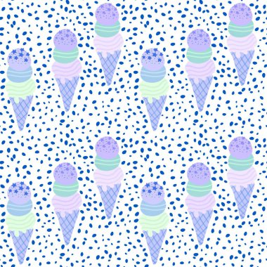 Çizgi filmlerde ambalaj kağıdı, kumaş, çarşaf, çocuk giysisi baskısı, şenlikli ambalaj ve yaz aksesuarları için kusursuz dondurma kalıbı. Yüksek kaliteli illüstrasyon