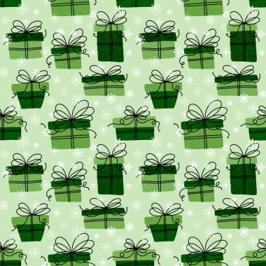 Çizgi filmlerdeki Noel hediye kutuları kağıt, kumaş, çarşaf, kış aksesuarları ve yeni yıl paketleri için kusursuz kar taneleri desenleri. Yüksek kaliteli illüstrasyon