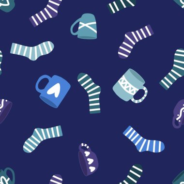 Kışın sıcak çoraplar ve bir fincan çay kağıdını, kumaşları, çarşafları, çocukların giysilerini ve yeni yıl ambalajlarını ve şenlikli aksesuarları sarmak için kusursuz bir Noel şablonu. Yüksek kaliteli illüstrasyon