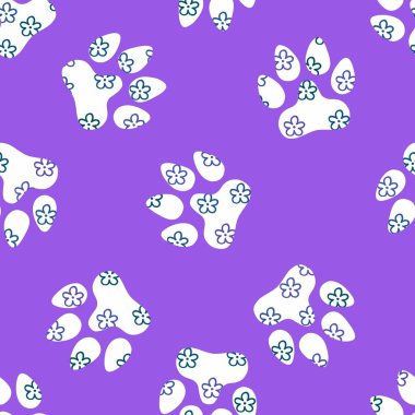 Hayvanların ayak izleri. Kağıt, kumaş, çarşaf, çocuk giysisi baskısı, şenlik ambalajları ve hayvanat bahçesi aksesuarları için kusursuz kedi ve köpek desenleri. Yüksek kaliteli illüstrasyon