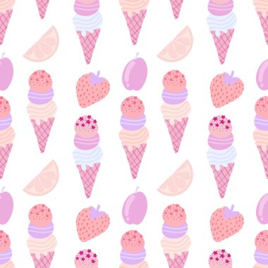 Çizgi filmlerde ambalaj kağıdı, kumaş, çarşaf, çocuk giysisi baskısı, şenlikli ambalaj ve yaz aksesuarları için kusursuz dondurma kalıbı. Yüksek kaliteli illüstrasyon