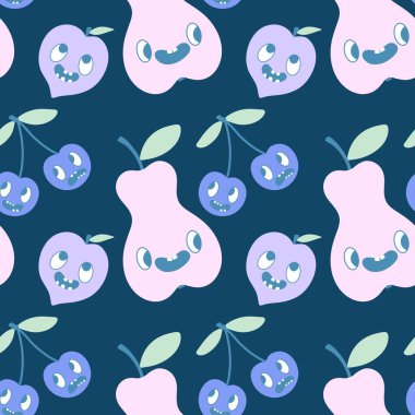 Çizgi filmdeki meyvesiz kirazlar, armutlar ve şeftali desenli ambalajlar, çocuk giysileri, tekstil ürünleri, şenlikli ambalajlar ve sonbahar aksesuarları. Yüksek kaliteli illüstrasyon