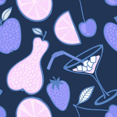 Kağıt, kumaş, çarşaf, yaz ambalajı ve restoranlar için meyveli kokteyl malzemeleri dikişsiz kiraz, armut, limon ve çilek deseni. Yüksek kaliteli illüstrasyon