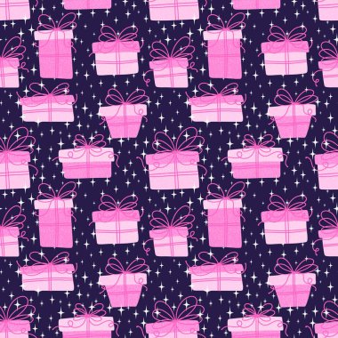 Çizgi filmlerdeki Noel hediye kutuları kağıt, kumaş, çarşaf, kış aksesuarları ve yeni yıl paketleri için kusursuz kar taneleri desenleri. Yüksek kaliteli illüstrasyon