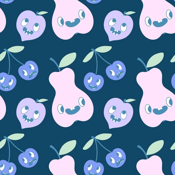 Cartoon fruit seamless cherry and pears and peach pattern for wrapping paper and kids clothes print and fashion textiles and festive packaging and autumn accessories. High quality illustration