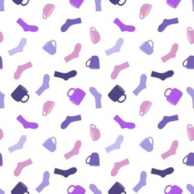 Kışın sıcak çoraplar ve bir fincan çay kağıdını, kumaşları, çarşafları, çocukların giysilerini ve yeni yıl ambalajlarını ve şenlikli aksesuarları sarmak için kusursuz bir Noel şablonu. Yüksek kaliteli illüstrasyon