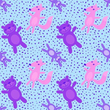 Çizgi filmlerdeki kusursuz tavşanlar, ayılar ve tilki desenli ambalaj kağıtları, kumaşlar, çocuk kıyafetleri ve moda tekstili. Yüksek kaliteli illüstrasyon