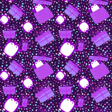 Noel hayvanları kusursuz penguenler ve hediye kutusu desenli ambalaj kağıtları, kumaşlar ve çocuk giysileri baskısı ve yeni yıl ambalajları ve kış aksesuarları. Yüksek kaliteli illüstrasyon