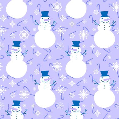 Çizgi filmlerdeki buz adam ve kar tanesi desenleri kağıt, kumaş, çarşaf, Noel ambalajı ve yeni yıl aksesuarları için. Yüksek kaliteli illüstrasyon