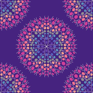 Kumaşlar, çarşaflar, ambalaj kağıtları, moda tekstil ürünleri, şenlikli aksesuarlar ve çocuk giysileri baskıları için soyut dairesiz mandala deseni. Yüksek kaliteli illüstrasyon