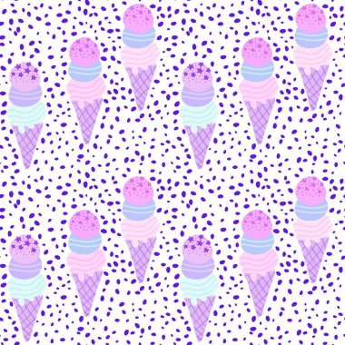 Çizgi filmlerde ambalaj kağıdı, kumaş, çarşaf, çocuk giysisi baskısı, şenlikli ambalaj ve yaz aksesuarları için kusursuz dondurma kalıbı. Yüksek kaliteli illüstrasyon