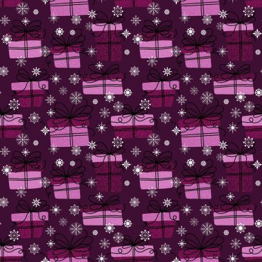 Çizgi filmlerdeki Noel hediye kutuları kağıt, kumaş, çarşaf, kış aksesuarları ve yeni yıl paketleri için kusursuz kar taneleri desenleri. Yüksek kaliteli illüstrasyon