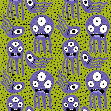 Çizgi film canavarları kağıt, kumaş, çarşaf, çocuk giysisi baskısı, yaz aksesuarları ve ergen tekstil ürünleri için kusursuz ahtapot deseni. Yüksek kaliteli illüstrasyon