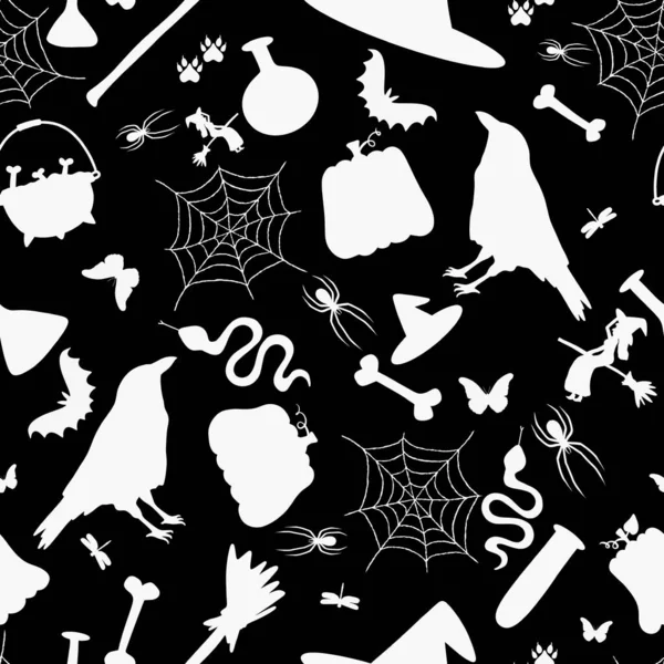 Cartoon doodle Halloween seamless witch and pumpkins and hat and bones and raven pattern for fabrics and kids print and wrapping paper and autumn festive packaging. High quality illustration