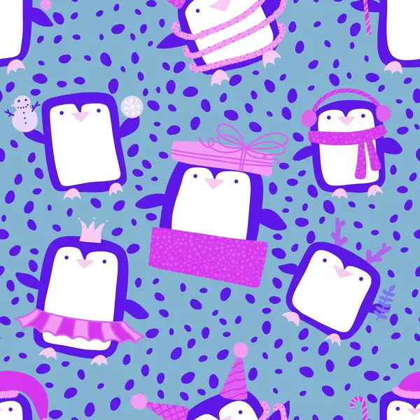 Cartoon penguin seamless Christmas animals pattern for wrapping paper and fabrics and linens and kids clothes print and festive packaging and new year accessories. High quality illustration
