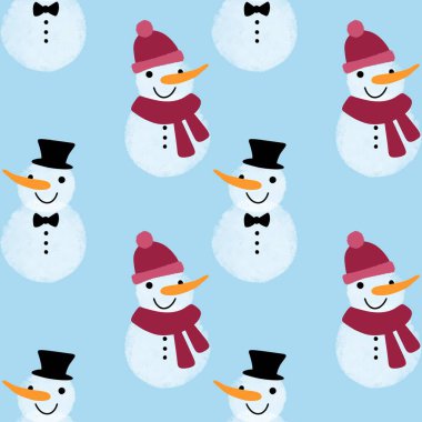 Çizgi filmlerdeki buz adam ve kar tanesi desenleri kağıt, kumaş, çarşaf, Noel ambalajı ve yeni yıl aksesuarları için. Yüksek kaliteli illüstrasyon