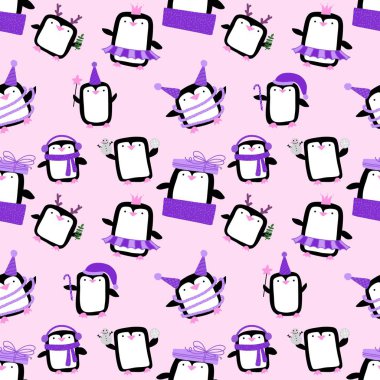 Çizgi filmlerdeki penguenler, ambalaj kağıtları, kumaşlar, çarşaflar, çocuk giysileri baskıları, şenlikli ambalajlar ve yeni yıl aksesuarları için kusursuz Noel hayvanlarıdır. Yüksek kaliteli illüstrasyon