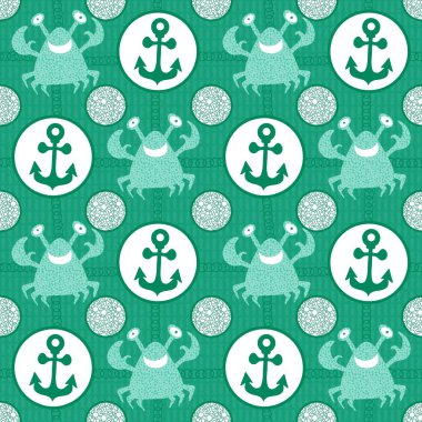 Ambalaj kağıdı, çarşaf ve çocuk giysisi baskısı, mesleki aksesuarlar ve yaz ambalajları için dayanak noktaları ve yengeç deseni. Yüksek kaliteli illüstrasyon