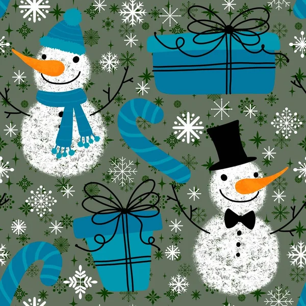 Cartoon winter ice seamless snowman and snowflakes and gift box and candy pattern for wrapping paper and fabrics and linens and Christmas packaging and new year accessories. High quality illustration