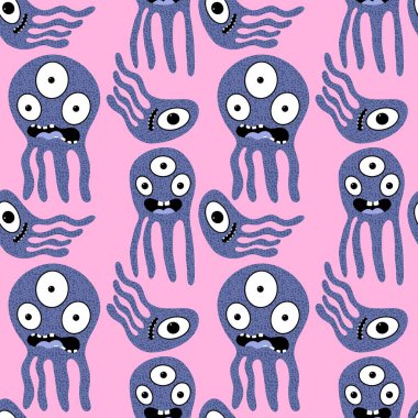 Çizgi film canavarları kağıt, kumaş, çarşaf, çocuk giysisi baskısı, yaz aksesuarları ve ergen tekstil ürünleri için kusursuz ahtapot deseni. Yüksek kaliteli illüstrasyon