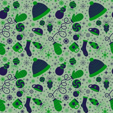 Noel ağacı topları, pürüzsüz eldivenler, şapka, çorap ve kumaş ambalajı için şeker deseni, çocuk baskısı, kış aksesuarları ve yeni yıl ambalajı. Yüksek kaliteli illüstrasyon