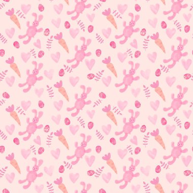 Suluboya Paskalya hayvanları havuçsuz ve tavşan desenli ambalajsız kağıt, kumaş, çarşaf ve çocuk giysileri baskısı, şenlikli paketleme ve mutfak aksesuarları. Yüksek kaliteli illüstrasyon