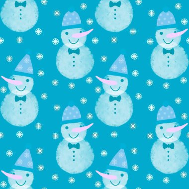 Çizgi filmlerdeki buz adam ve kar tanesi desenleri kağıt, kumaş, çarşaf, Noel ambalajı ve yeni yıl aksesuarları için. Yüksek kaliteli illüstrasyon