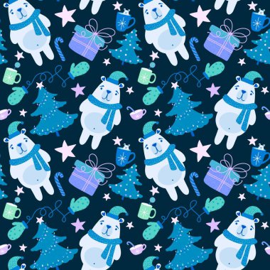 Noel hayvanları kusursuz ayılar, eldivenler, hediye kutuları, şekerler ve kağıt, kumaş, çarşaf, çocuk baskısı ve yeni yıl aksesuarları için bir fincan çay. Yüksek kaliteli illüstrasyon