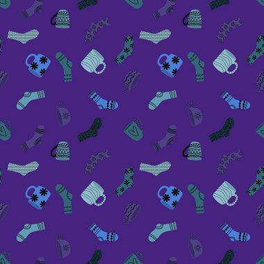 Kışın sıcak çoraplar ve bir fincan çay kağıdını, kumaşları, çarşafları, çocukların giysilerini ve yeni yıl ambalajlarını ve şenlikli aksesuarları sarmak için kusursuz bir Noel şablonu. Yüksek kaliteli illüstrasyon