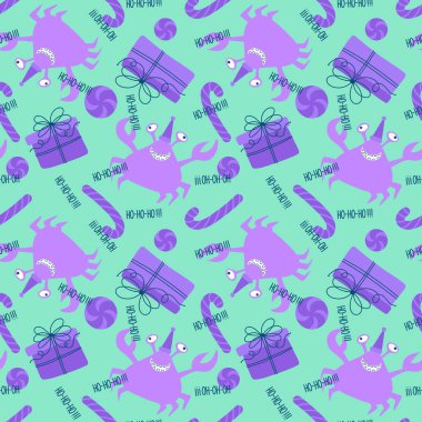 Noel karikatüründeki hayvanlar dikişsiz yengeçler, kumaşlar, kumaşlar ve çocukların baskısı için şeker desenleri ve plaj ambalajlarında ve şenlikli aksesuarlarda yeni yıl. Yüksek kaliteli illüstrasyon