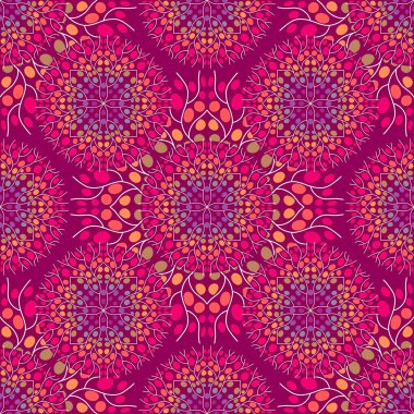 Kumaşlar, çarşaflar, ambalaj kağıtları, moda tekstil ürünleri, şenlikli aksesuarlar ve çocuk giysileri baskıları için soyut dairesiz mandala deseni. Yüksek kaliteli illüstrasyon