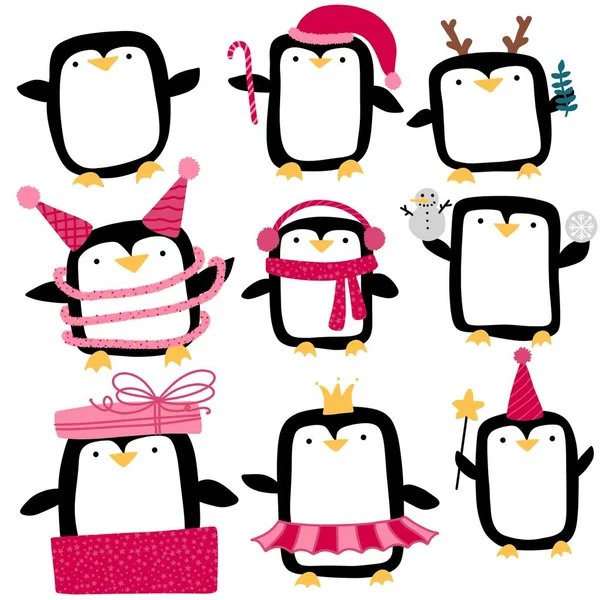 Cartoon penguin set Christmas animals pattern for wrapping paper and fabrics and linens and kids clothes print and festive packaging and new year accessories. High quality illustration