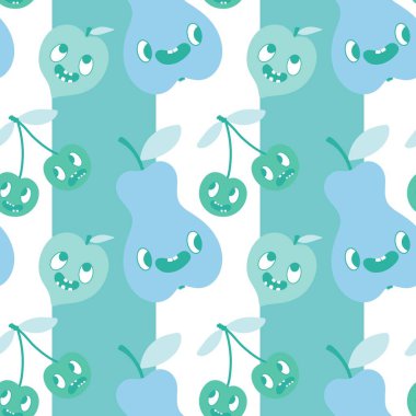 Çizgi filmdeki meyvesiz kirazlar, armutlar ve şeftali desenli ambalajlar, çocuk giysileri, tekstil ürünleri, şenlikli ambalajlar ve sonbahar aksesuarları. Yüksek kaliteli illüstrasyon