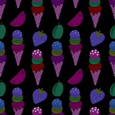 Çizgi filmlerde ambalaj kağıdı, kumaş, çarşaf, çocuk giysisi baskısı, şenlikli ambalaj ve yaz aksesuarları için kusursuz dondurma kalıbı. Yüksek kaliteli illüstrasyon