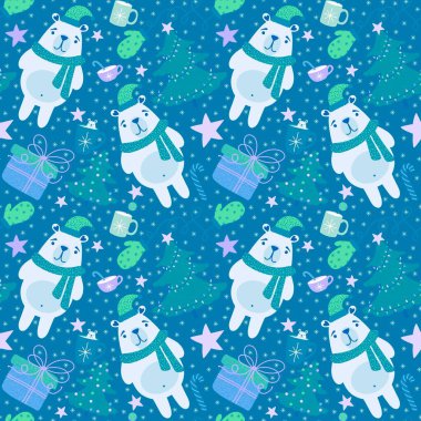 Noel hayvanları kusursuz ayılar, eldivenler, hediye kutuları, şekerler ve kağıt, kumaş, çarşaf, çocuk baskısı ve yeni yıl aksesuarları için bir fincan çay. Yüksek kaliteli illüstrasyon