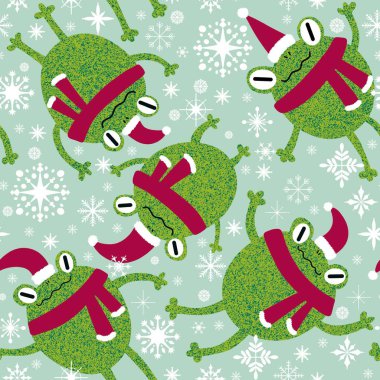 Noel hayvanları, kusursuz kurbağalar ve Noel Baba şapkası desenli ambalaj kağıtları, kumaşlar, çarşaflar ve çocuk giysileri baskısı ve yeni yıl ambalajları. Yüksek kaliteli illüstrasyon