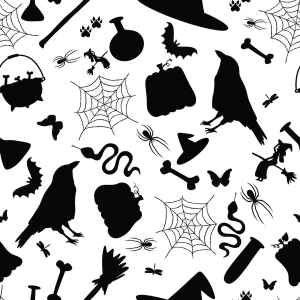 Cartoon doodle Halloween seamless witch and pumpkins and hat and bones and raven pattern for fabrics and kids print and wrapping paper and autumn festive packaging. High quality illustration